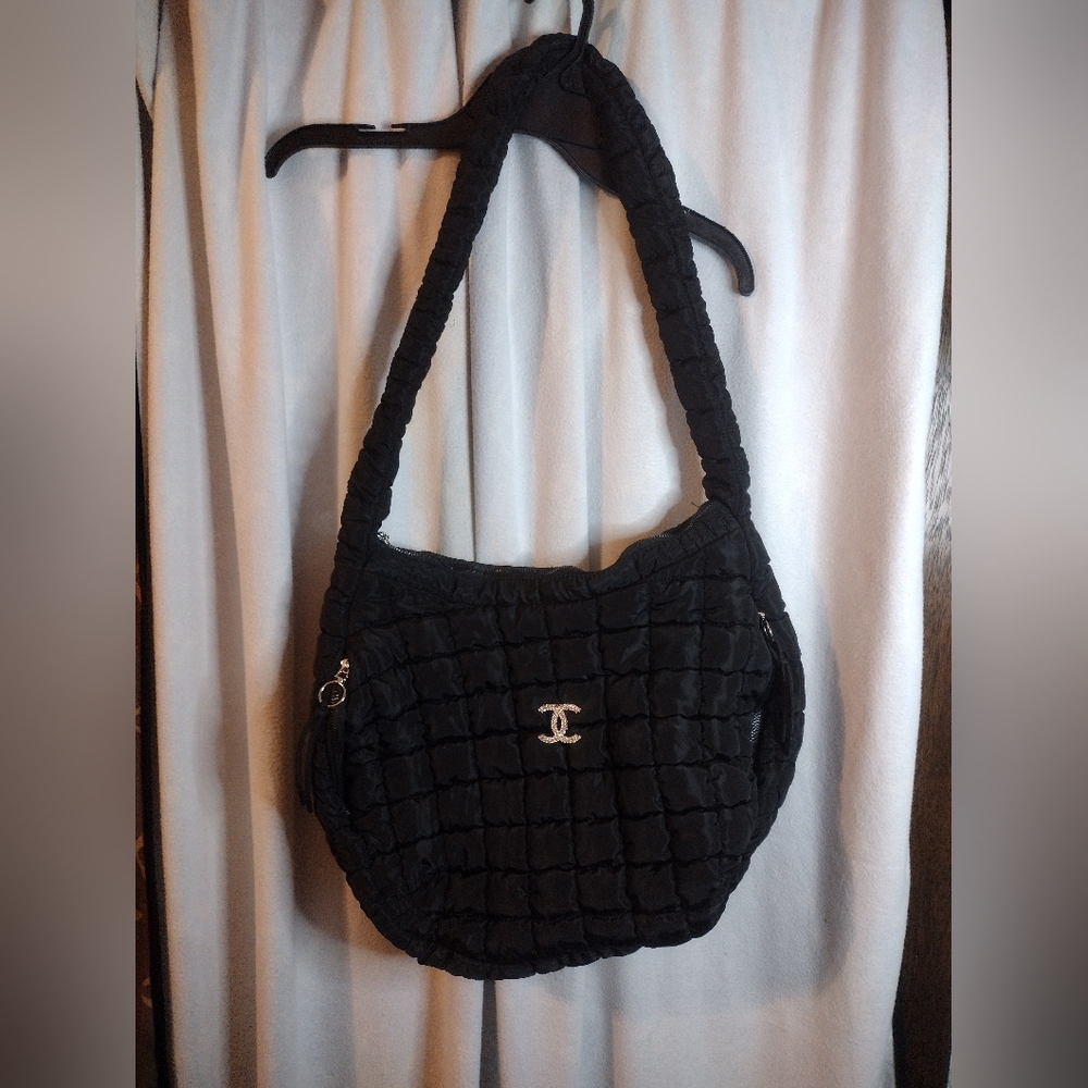 Large Black Puffer Bag Purse With Initial Brooch